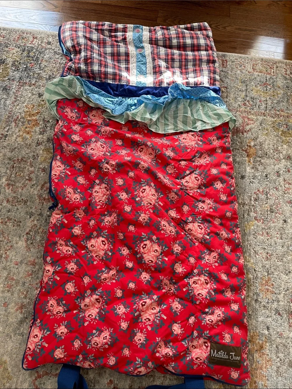 Matilda Jane Red Floral Quilted Travel sleeping bag with Blue Straps